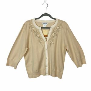 Coldwater Creek Cardigan Cottage Core Angel Kawai Tan/Cream Beaded sz Large